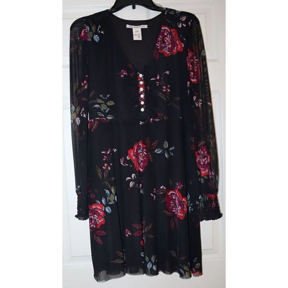 American Rag Women's Sz XL Black Joyful Floral V-Neck Center Front Ruffle Dress - Picture 1 of 15